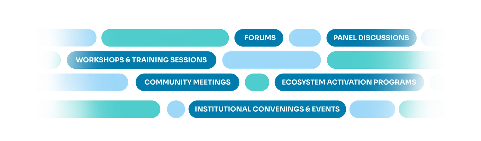 Forums, panel discussions, workshops and training sessions, community meetings, ecosystem activation programs, institutional convenings and events